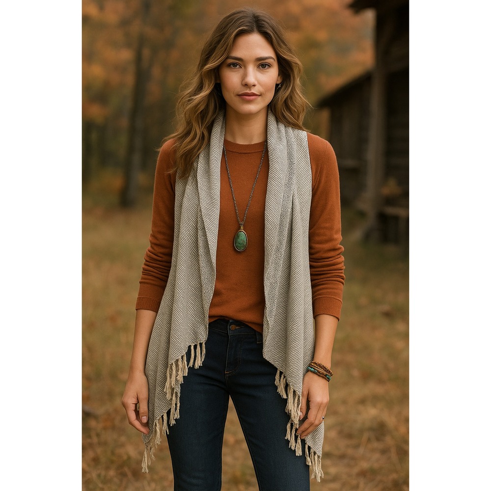 World Market Blue and Cream Fringe Vest Boho Chic Cozycore Cottagecore Lagenlook